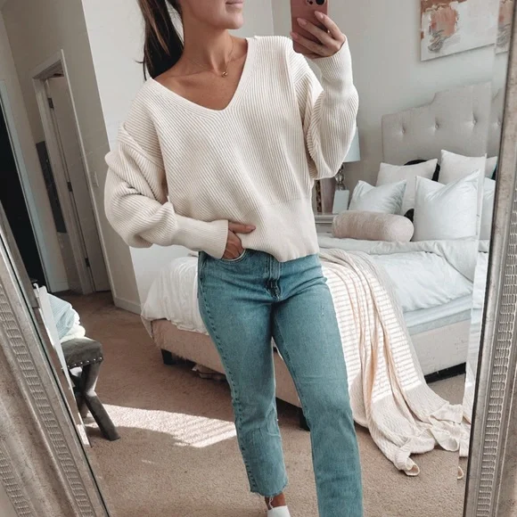 Women's Cream V-Neck Sweater - Picture 1 of 6